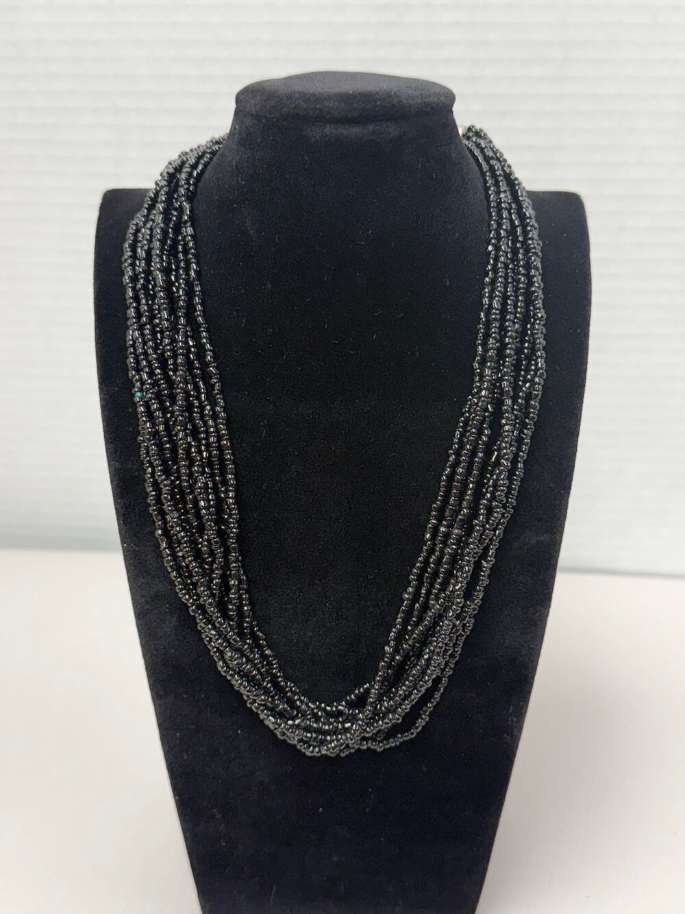 Vintage Artisan Necklace Multi-Strand Seed Bead Black Silver Tone Clasp 16"